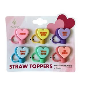 Conversation Heart Straw Toppers 6pk Valentines Day Multicolor Silicone XO New